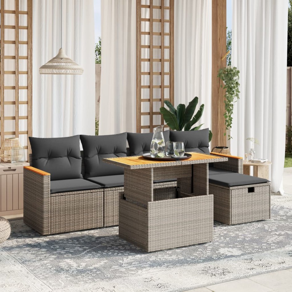 Set de muebles de jardín 6 pzas y cojines ratán sintético