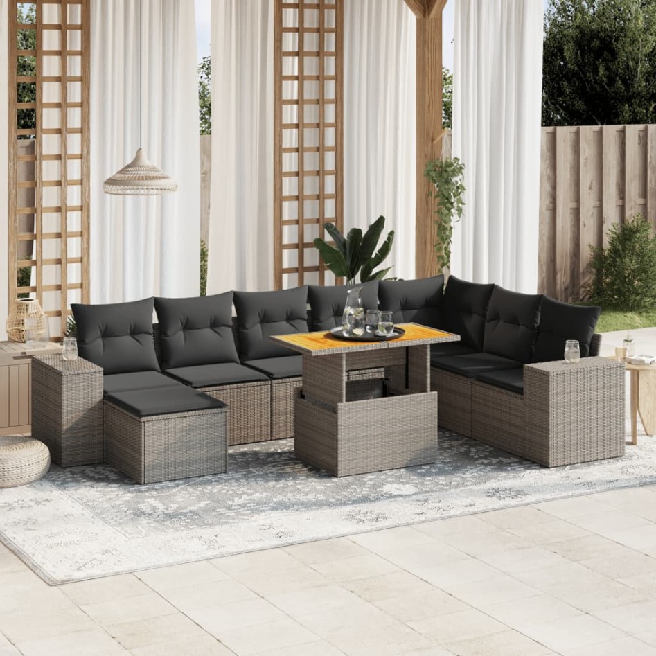 Set de muebles de jardín 9 pzas y cojines ratán sintético