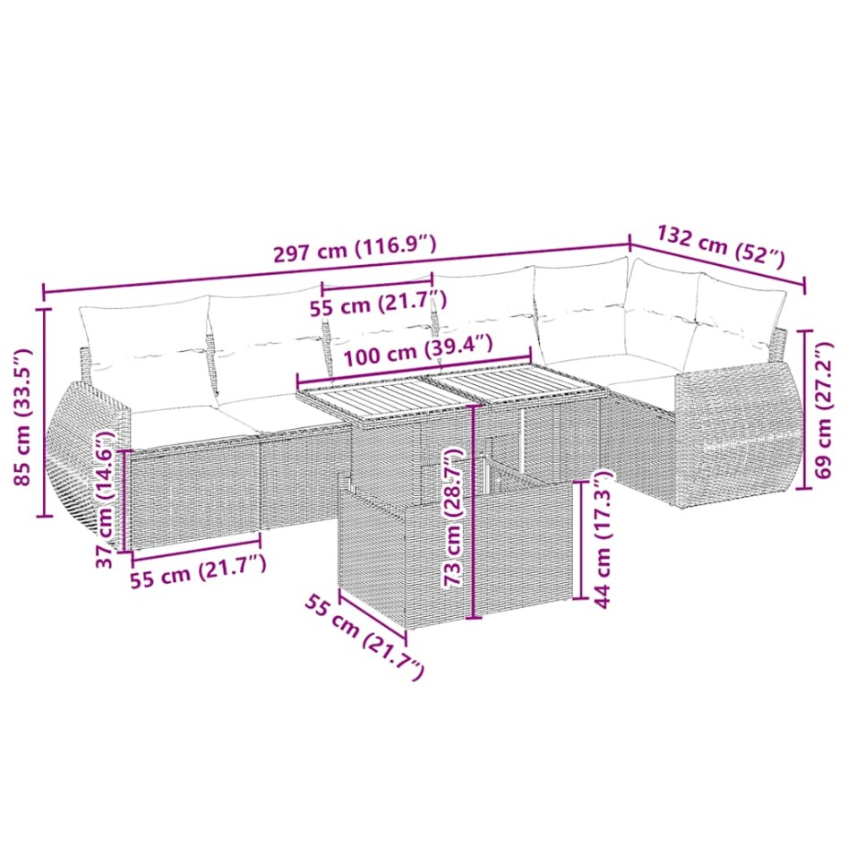 Set sofás de jardín 7 piezas y cojines ratán sintético