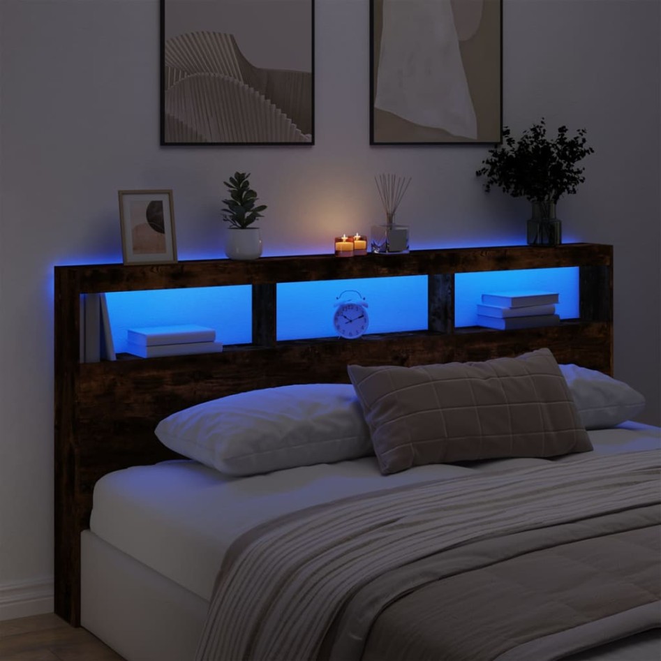 Cabecero de cama con luz LED roble ahumado 200x17x102