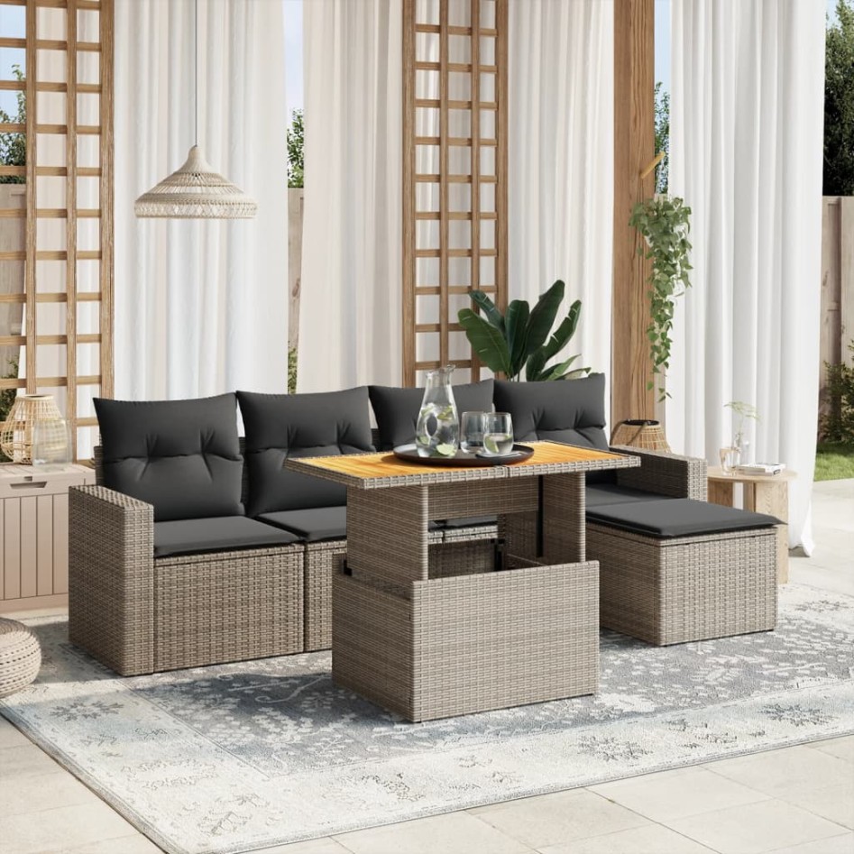 Set de muebles de jardín 6 pzas y cojines ratán sintético