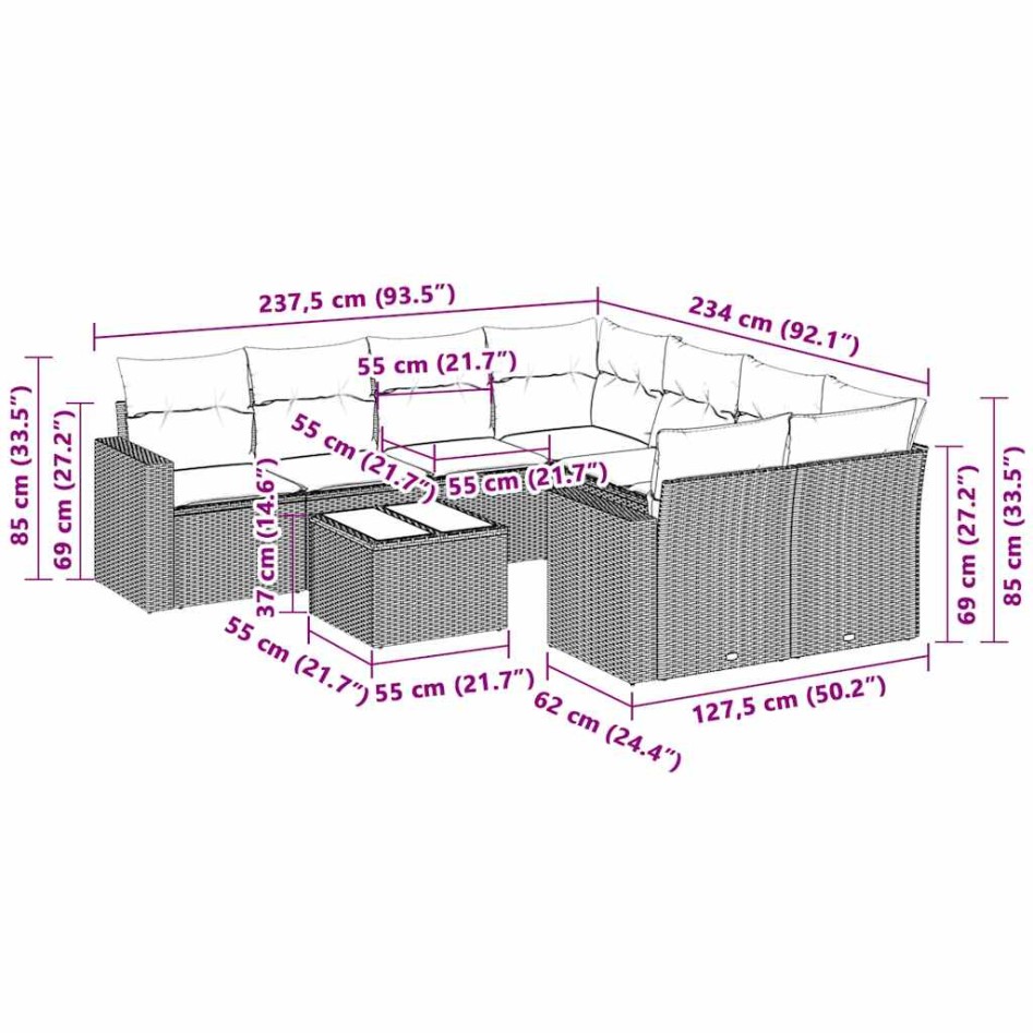 Set de sofá de jardín 3 pzas y cojines ratán sintético