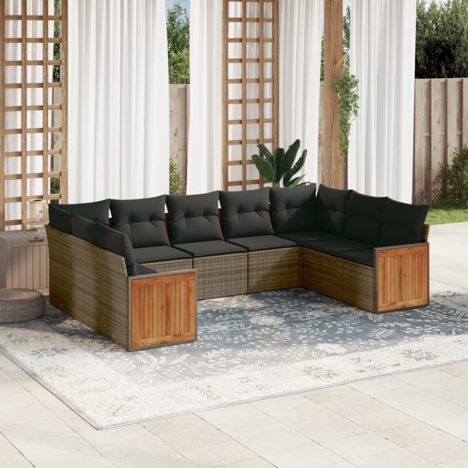 Set de muebles de jardín 9 pzas y cojines ratán sintético