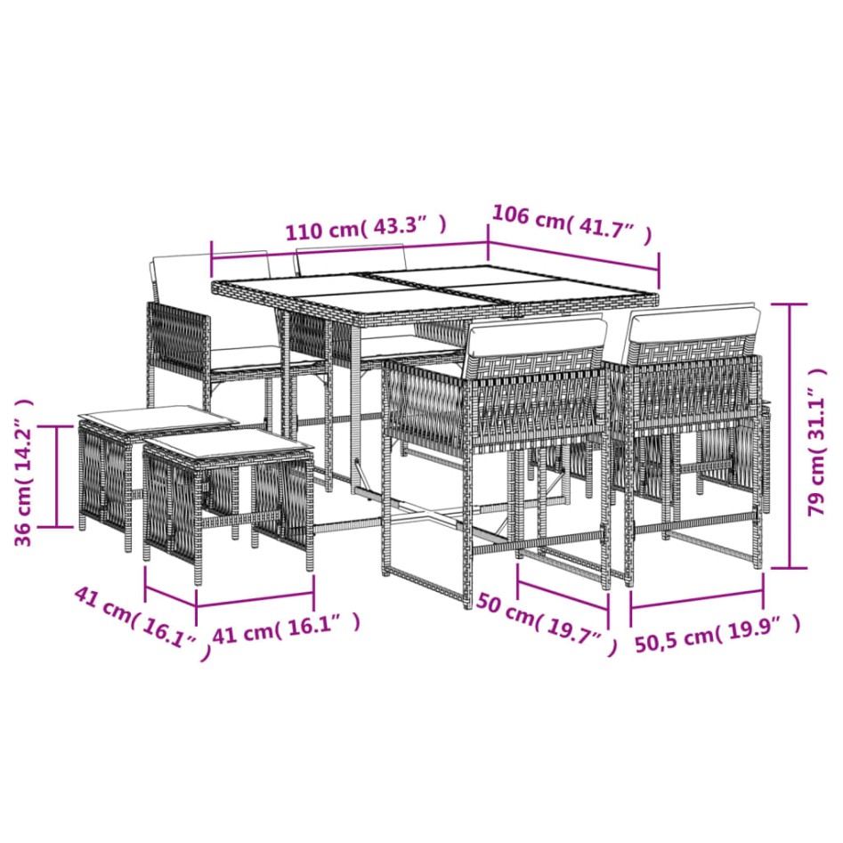 Set de comedor de jardín 9 pzas y cojines ratán sintético