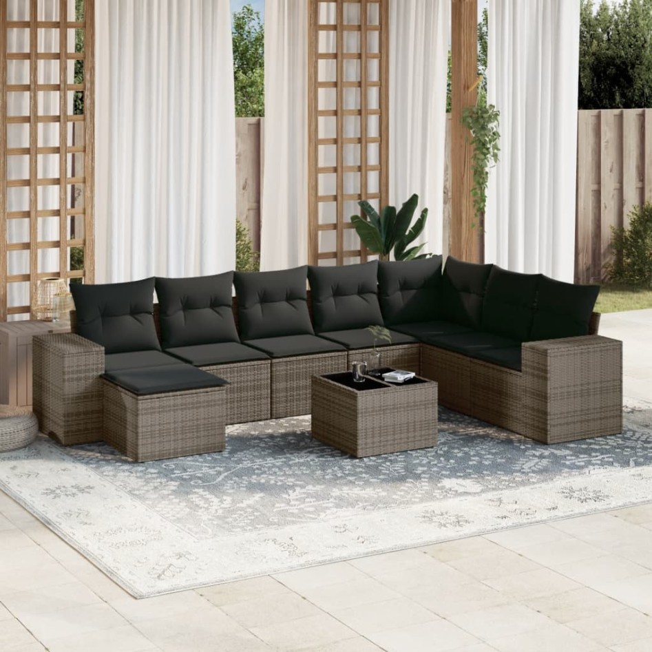 Set de muebles de jardín 9 pzas y cojines ratán sintético