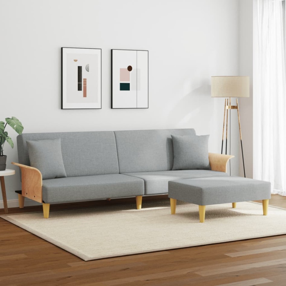 Sofá cama 2 plazas con almohadas taburete terciopelo gris