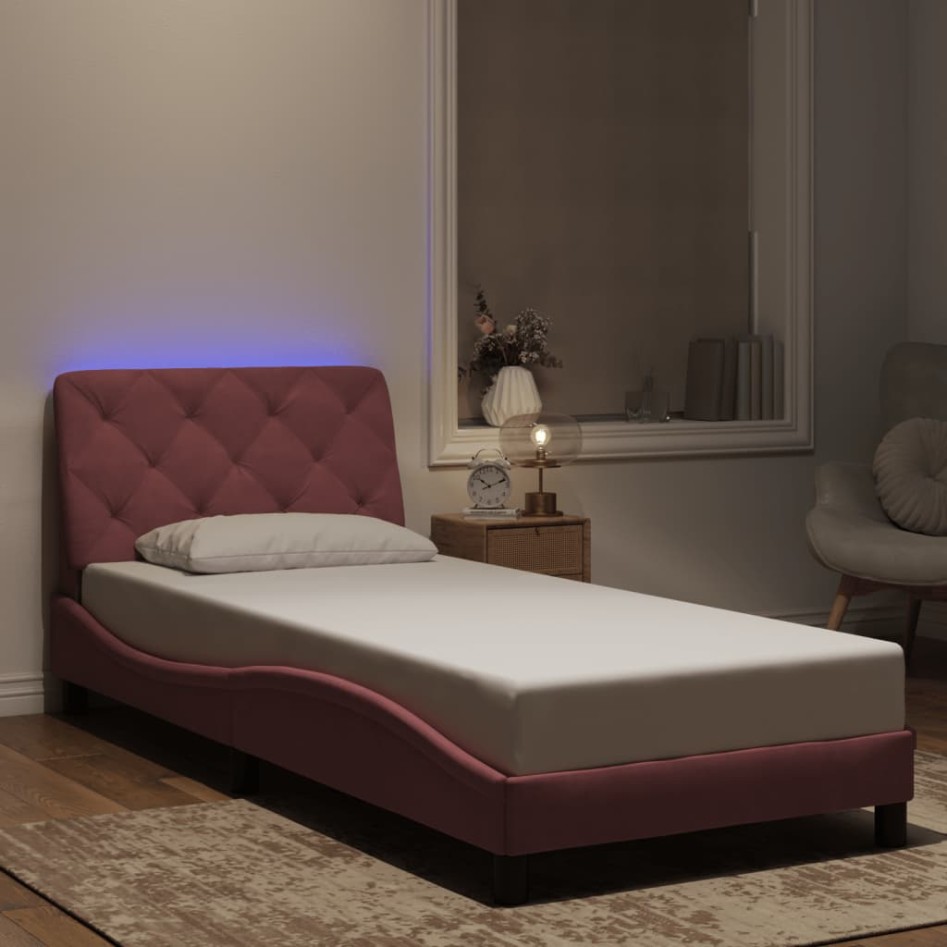 Estructura de cama con luces LED terciopelo rosa 90x200
