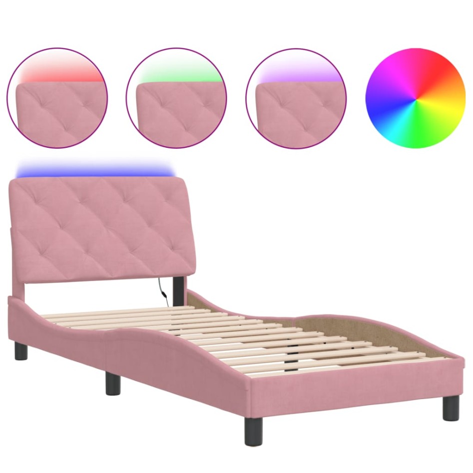 Estructura de cama con luces LED terciopelo rosa 90x200