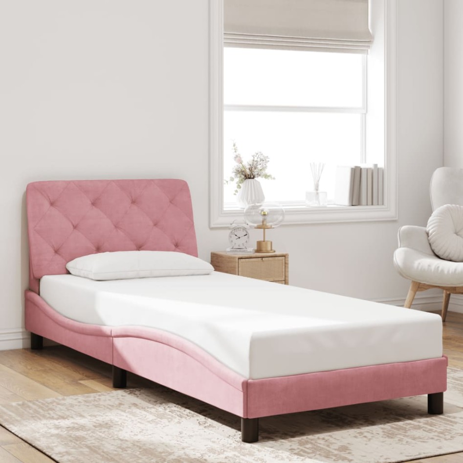 Estructura de cama con luces LED terciopelo rosa 90x200