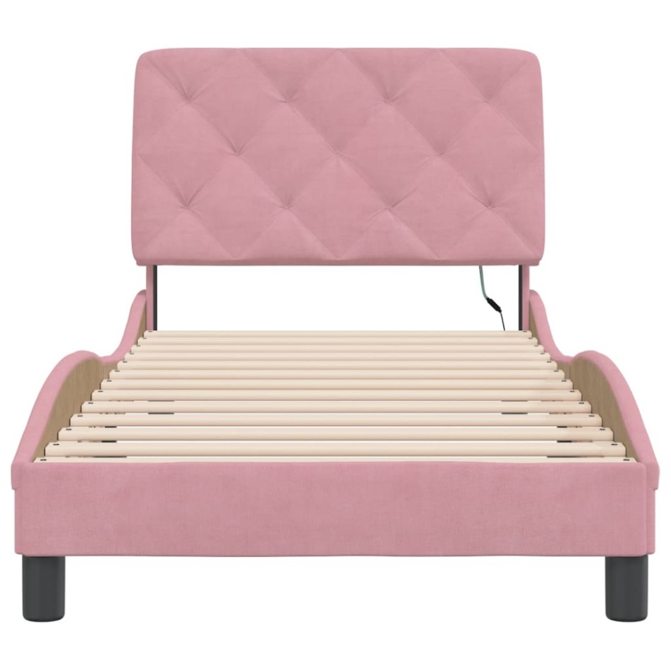 Estructura de cama con luces LED terciopelo rosa 90x200