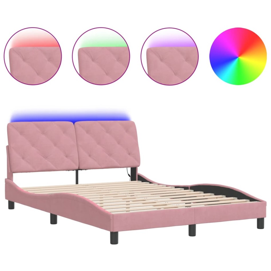 Estructura de cama con luces LED terciopelo rosa 120x200