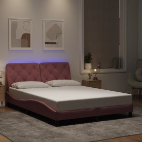 Estructura de cama con luces LED terciopelo rosa 140x200