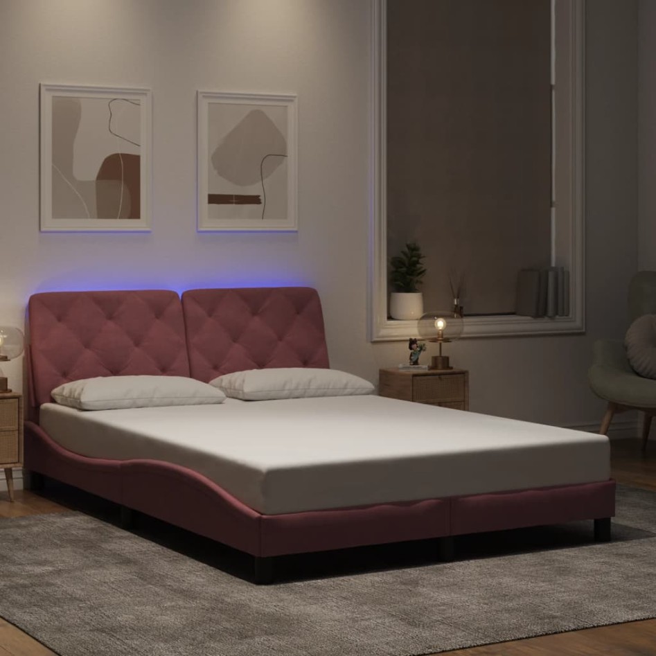 Estructura de cama con luces LED terciopelo rosa 140x200