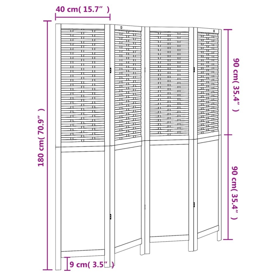 Biombo separador de 4 paneles madera paulownia marrón