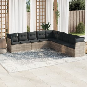 Set muebles jardín 9 pzas y cojines ratán sintético gris