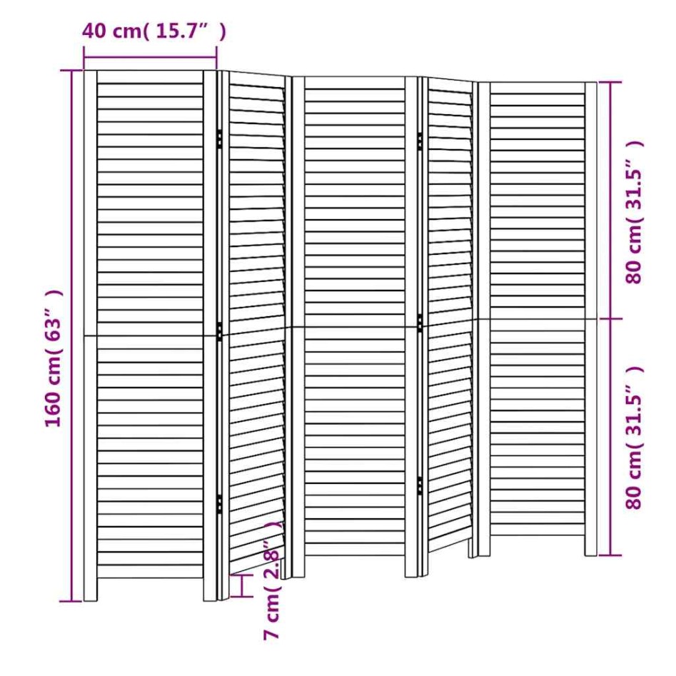 Biombo separador de 5 paneles madera maciza Paulownia