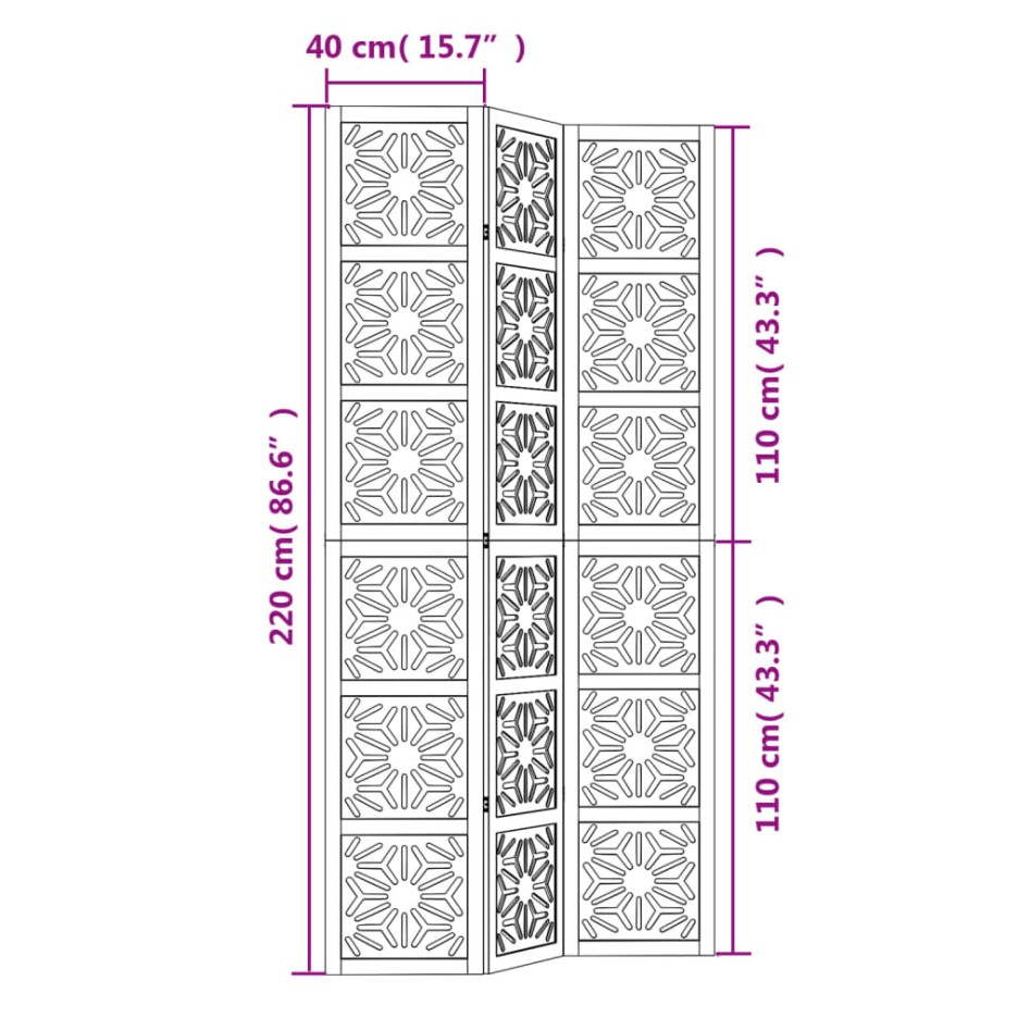 Biombo separador 3 paneles madera maciza Paulownia marrón