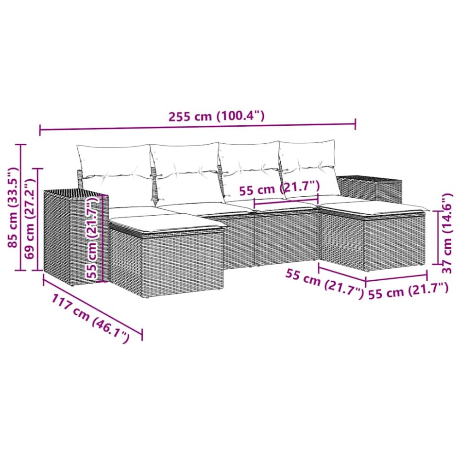 Set de sofás de jardín 6 pzas y cojines ratán sintético