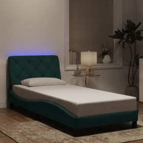 Estructura cama con luces LED terciopelo verde oscuro 90x200