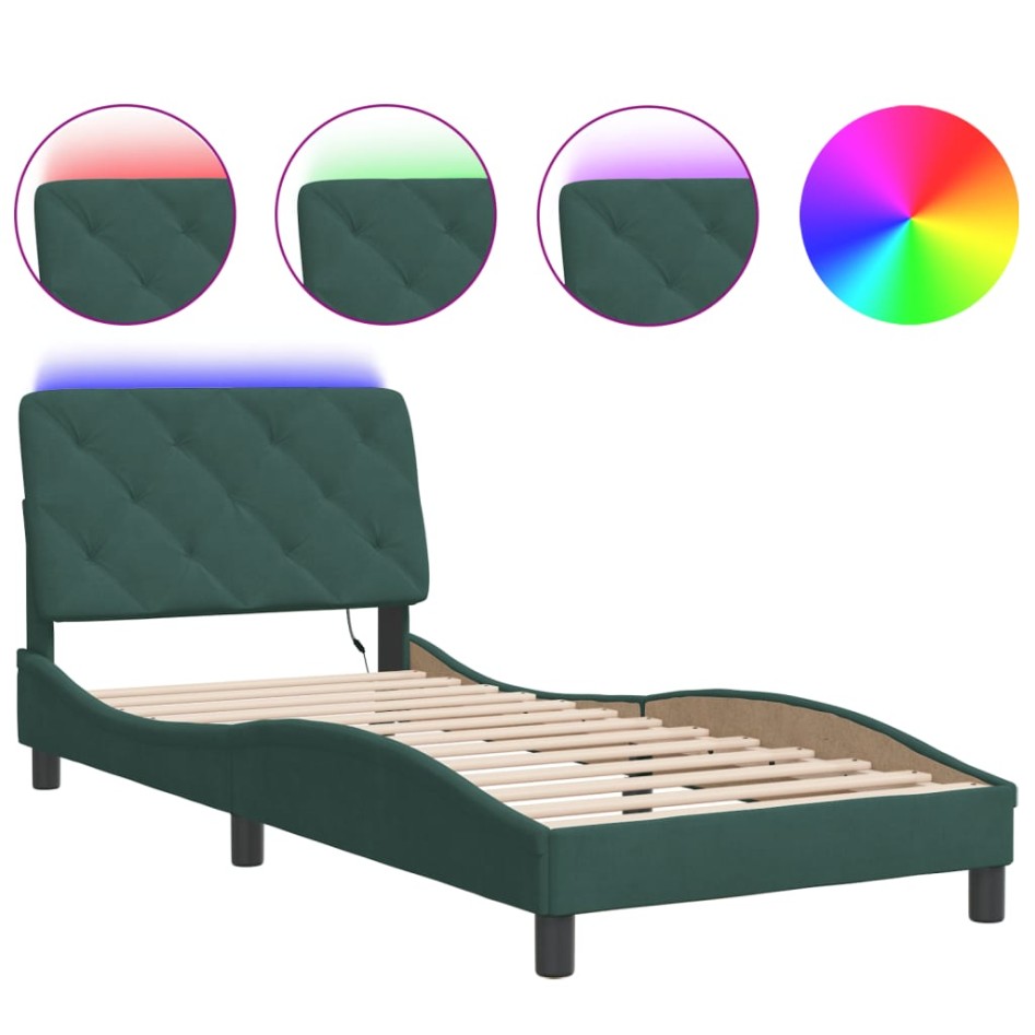 Estructura cama con luces LED terciopelo verde oscuro 90x200