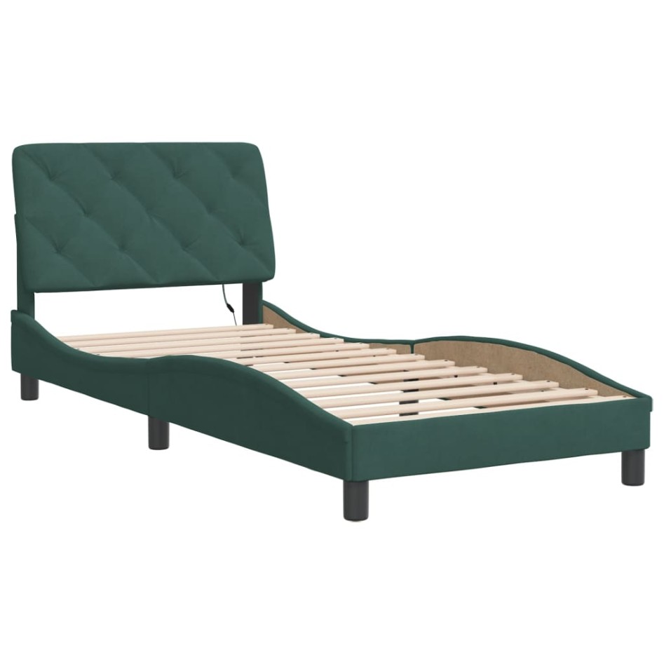 Estructura cama con luces LED terciopelo verde oscuro 90x200