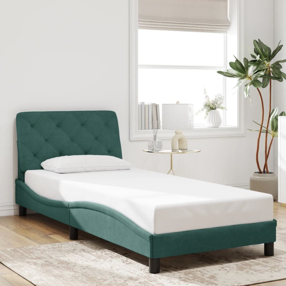 Estructura cama con luces LED terciopelo verde oscuro 90x200