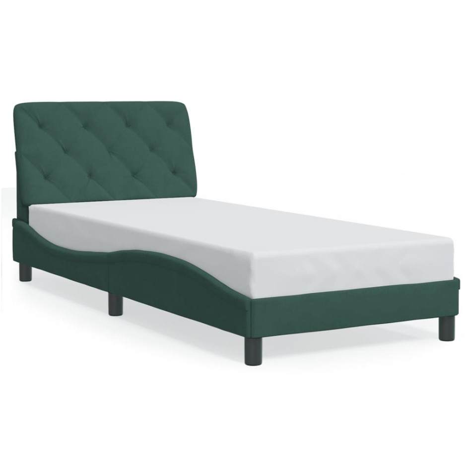 Estructura cama con luces LED terciopelo verde oscuro 90x200