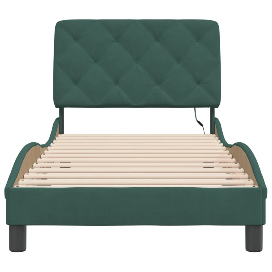 Estructura cama con luces LED terciopelo verde oscuro 90x200