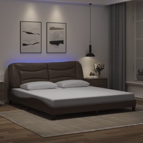 Estructura de cama con luz LED cuero sintético marrón