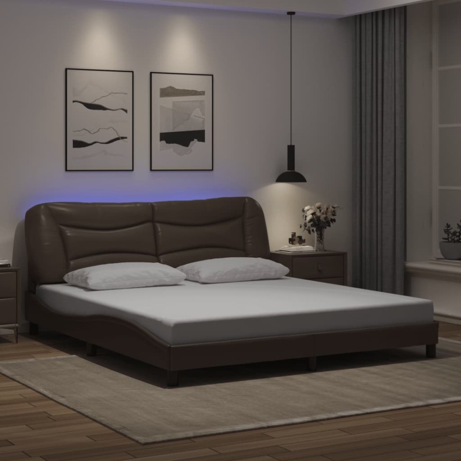 Estructura de cama con luz LED cuero sintético marrón