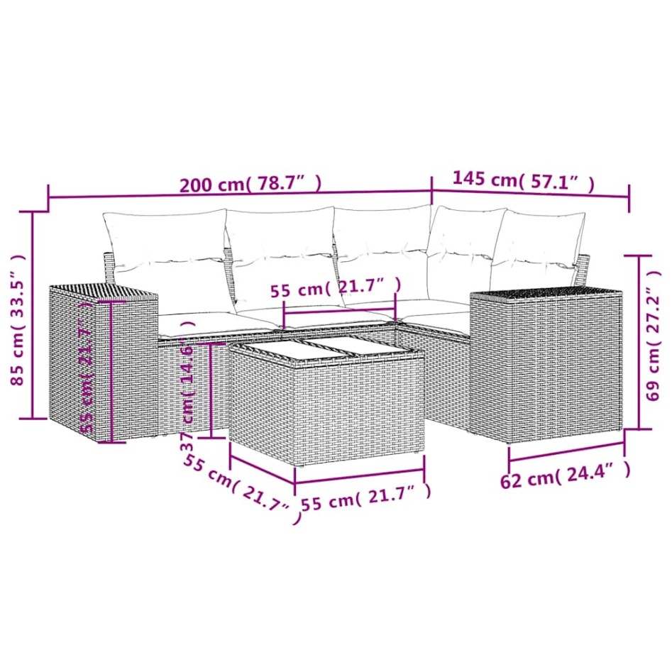 Set de sofás jardín y cojines 5 pzas ratán sintético gris