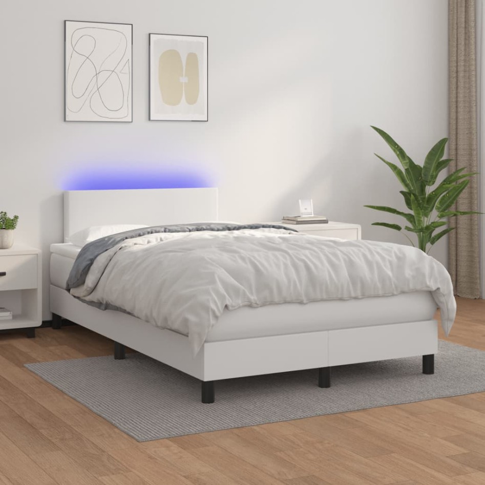 Cama box spring colchón y LED cuero sintético blanco 120x190