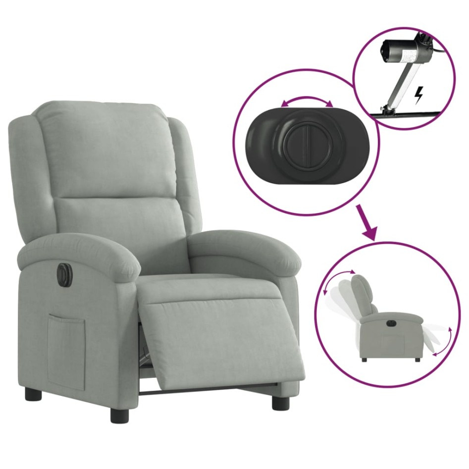 Sillón reclinable eléctrico de terciopelo gris