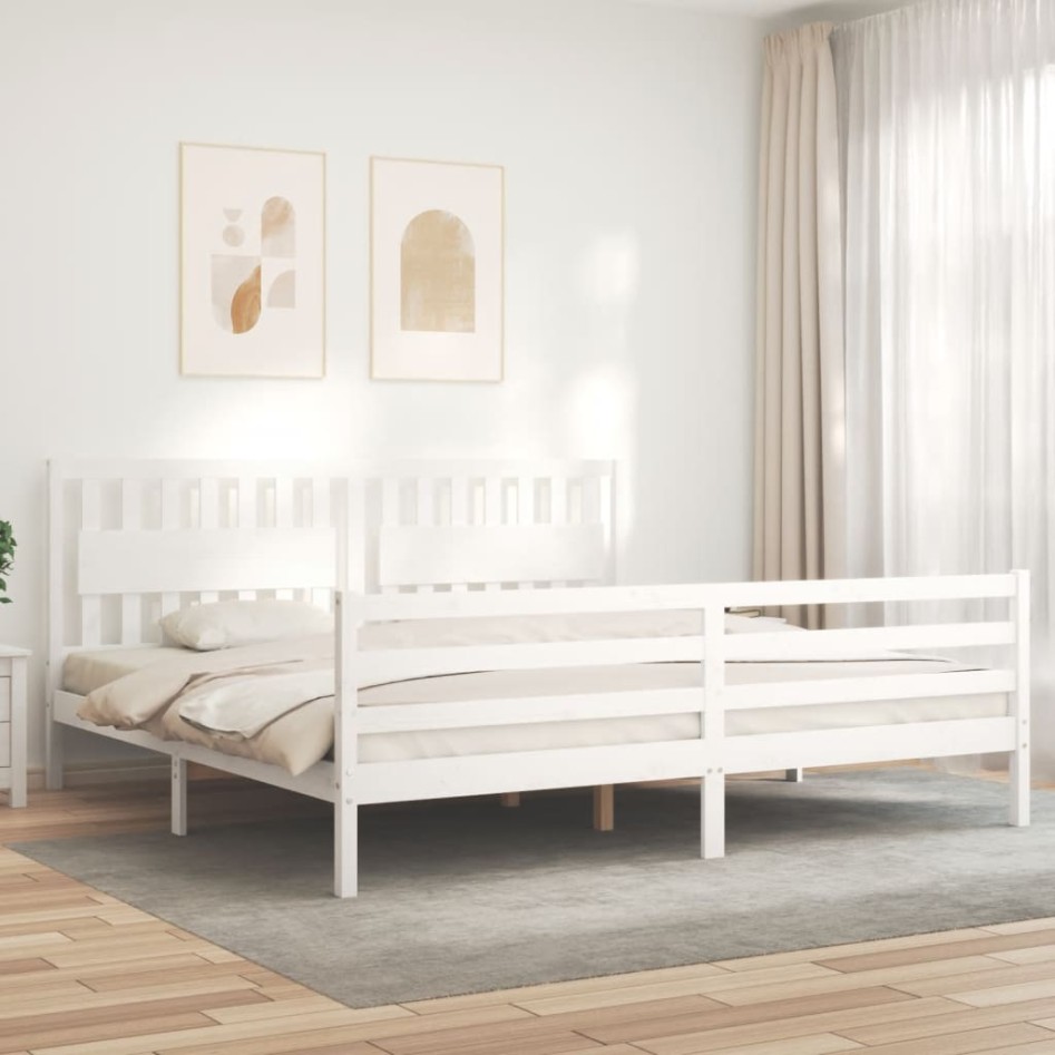 Estructura de cama con cabecero madera maciza blanco 200x200