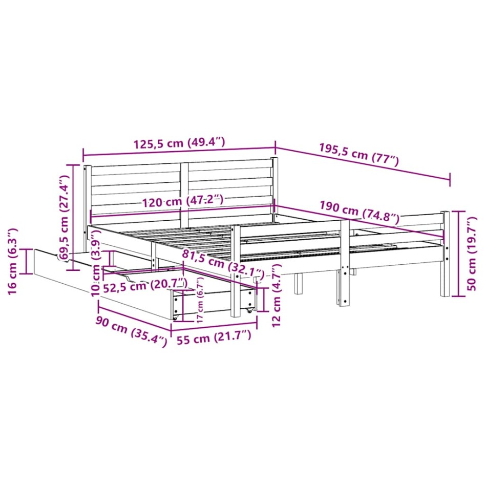 Estructura de cama sin colchón madera maciza de pino 120x190