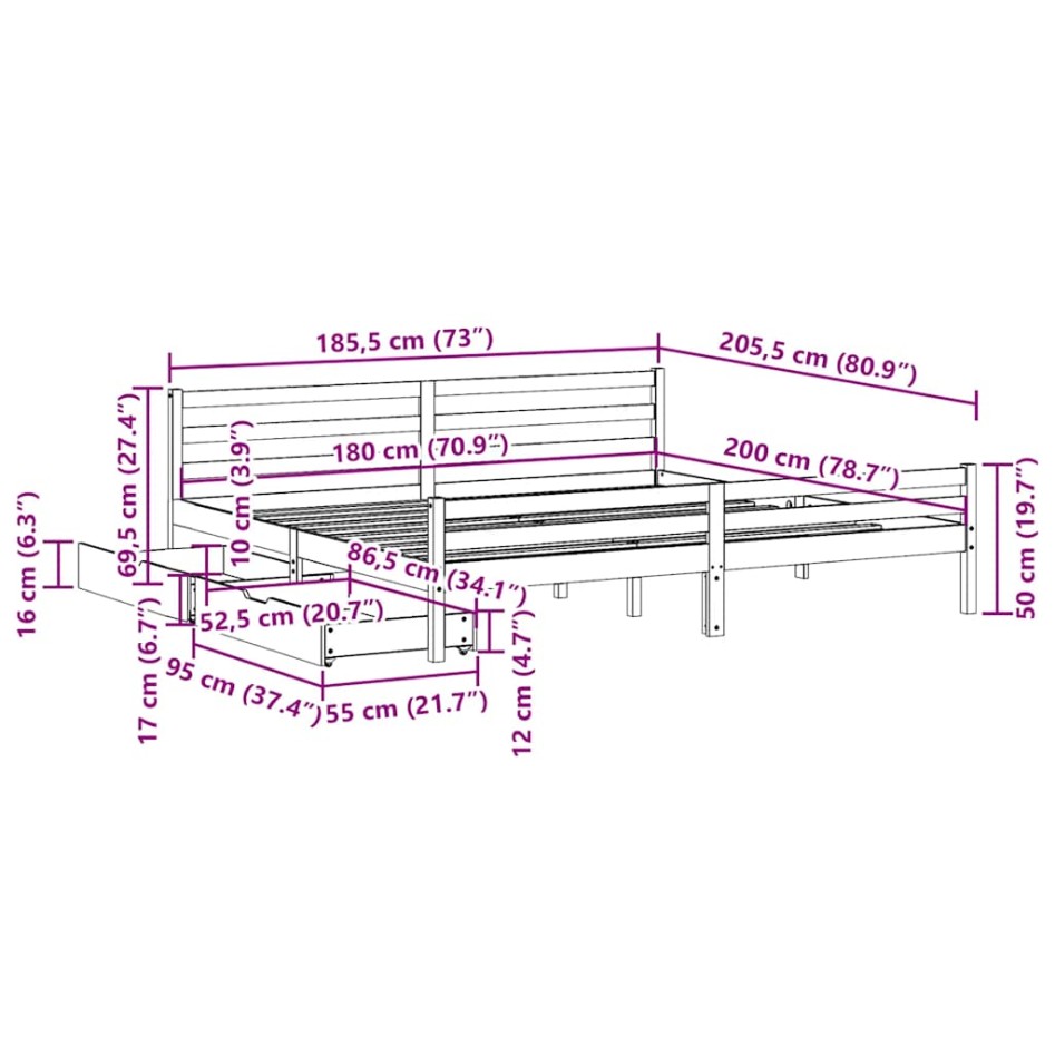 Cama sin colchón madera maciza de pino blanca 180x200