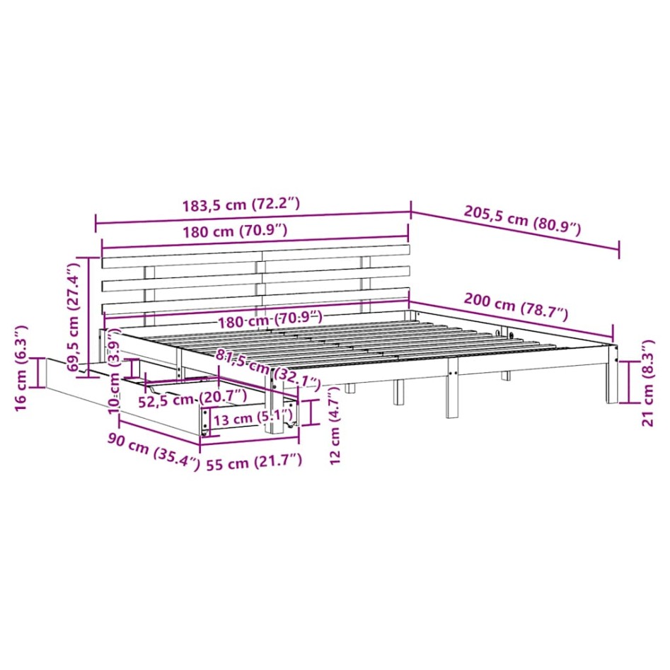 Estructura de cama cajones madera maciza pino blanco 180x200