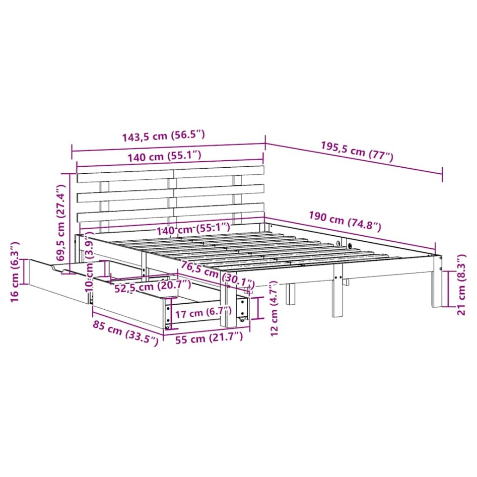 Estructura de cama con cojines madera de pino blanca 140x190