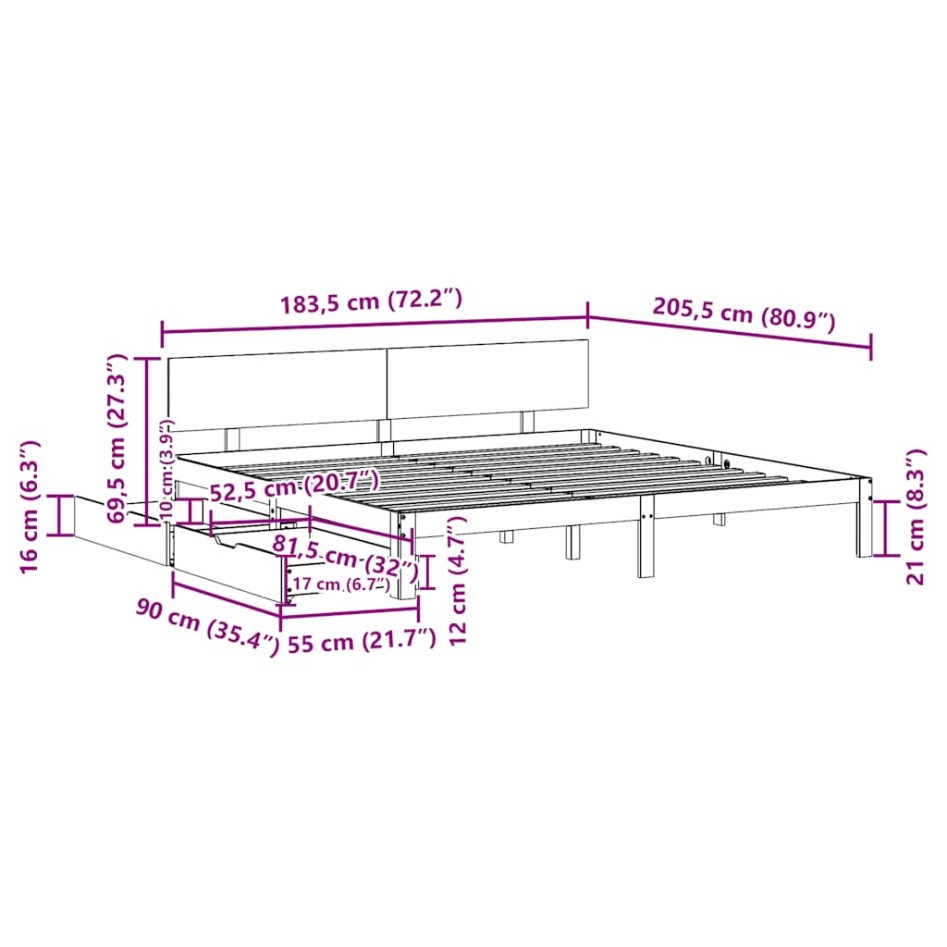 Estructura de cama cajones madera maciza pino blanco 180x200