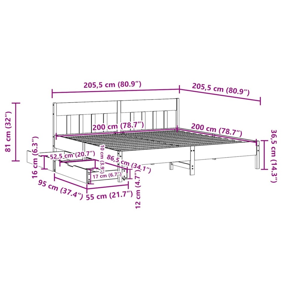 Estructura de cama sin colchón madera maciza de pino 200x200