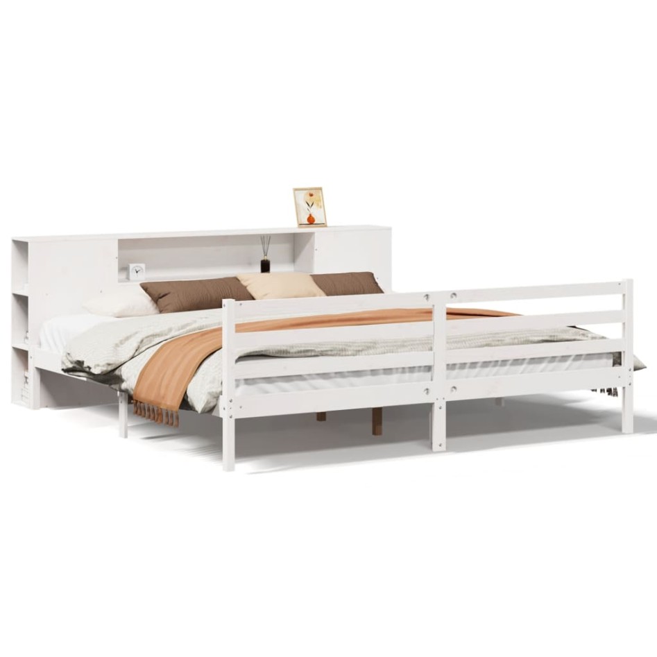 Cama con estantería sin colchón madera maciza blanca 200x200