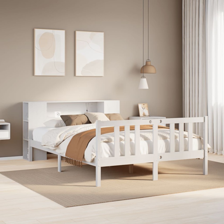Cama con estantería sin colchón madera maciza blanca 140x200