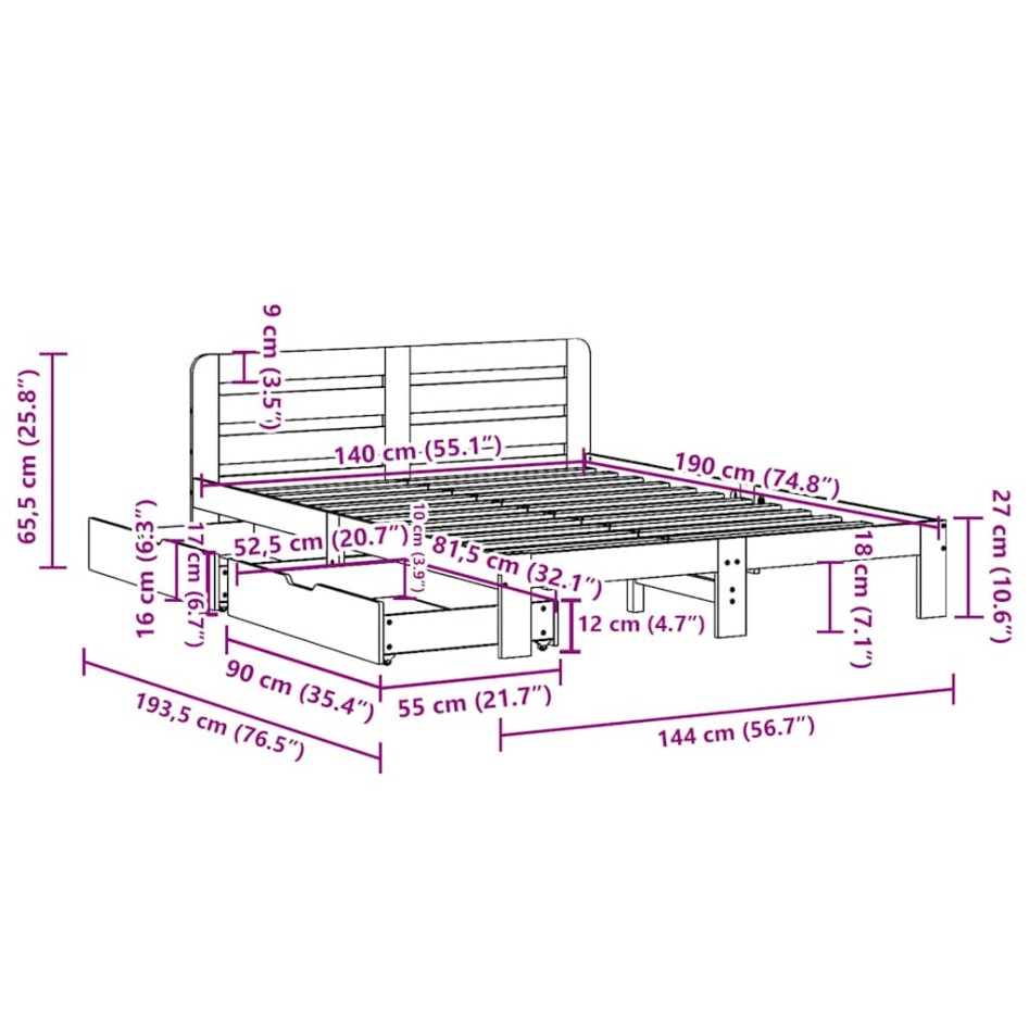 Estructura de cama sin colchón madera maciza de pino 140x190
