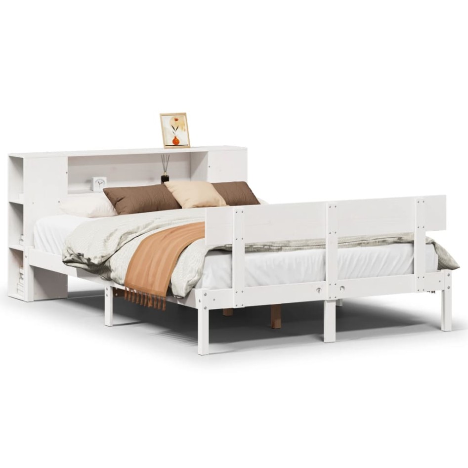 Cama con estantería sin colchón madera maciza blanca 140x190