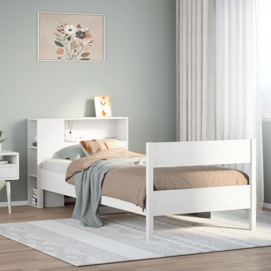 Cama con estantería sin colchón madera maciza blanca 75x190