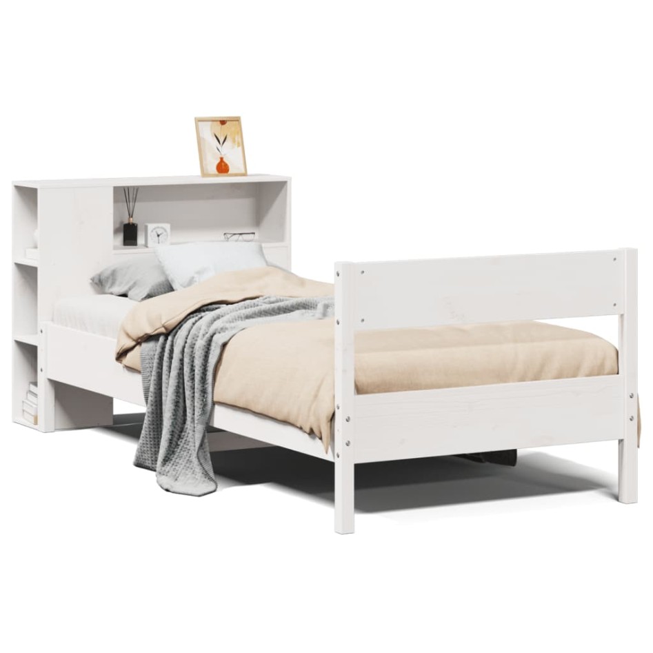 Cama con estantería sin colchón madera maciza blanca 75x190