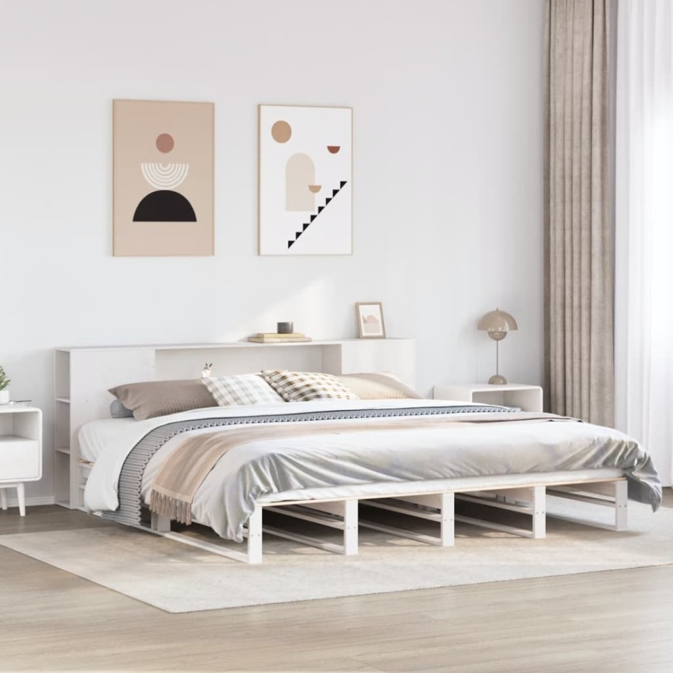 Cama con estantería sin colchón madera maciza blanca 180x200