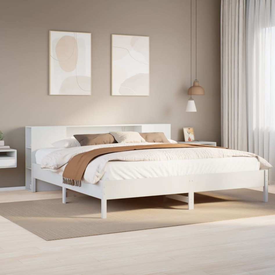 Cama con estantería sin colchón madera maciza blanca 200x200