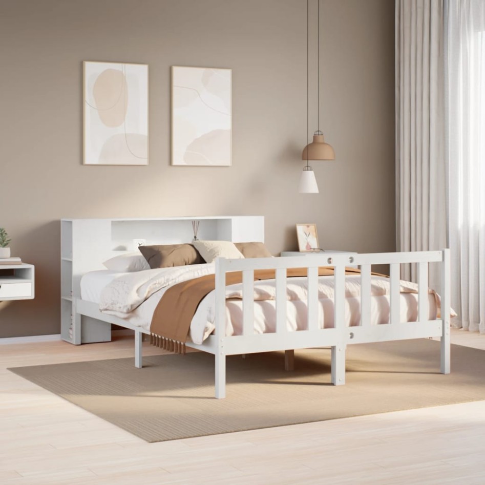 Cama con estantería sin colchón madera maciza blanca 150x200