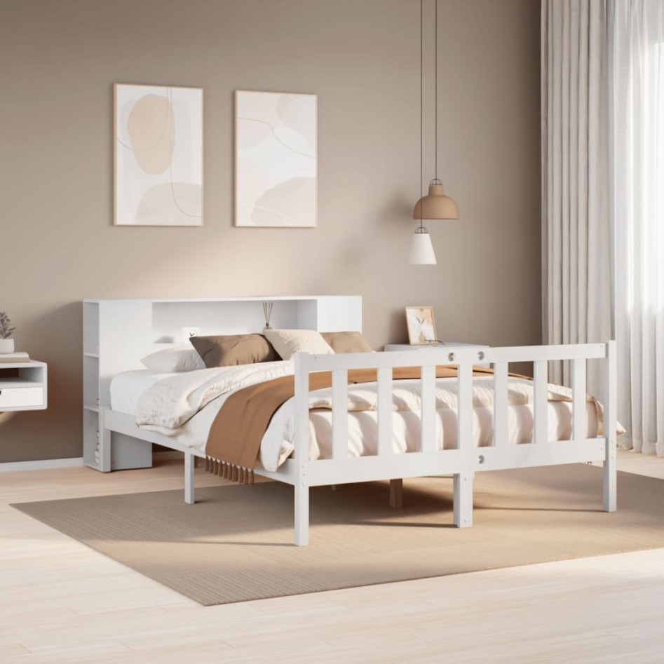Cama con estantería sin colchón madera maciza blanca 160x200